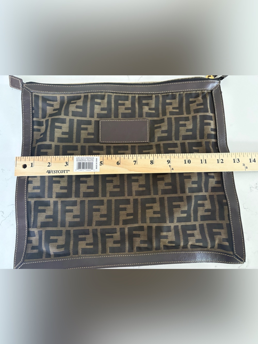 Fendi Brown FF Logo Canvas Pouch with brown leather trim - Picture 8 of 11